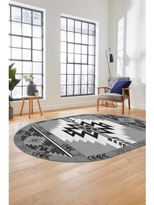 Evdeya Etnik Desenli Dijital Baskılı Kaymaz Yıkanabilir Oval Yolluk Mutfak Salon Halısı, O-Etnik-05-Gri,