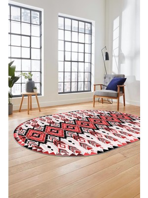 Evdeya Renkli Etnik Desenli Dijital Kaymaz Yıkanabilir Oval Yolluk Mutfak Salon Halısı, O-Etnik-06-Kırmızı,