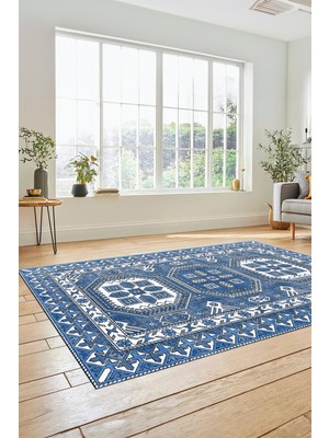 Evdeya Dijital Kaymaz Yıkanabilir Şık Tasarım Etnik Desenli Yolluk Mutfak Salon Halısı, Etnik-14-Mavi