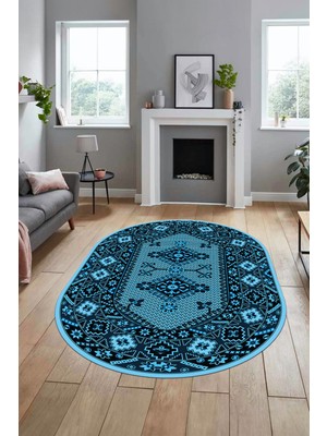 Evdeya Şık Tasarım Etnik Desenli Dijital Kaymaz Yıkanabilir Oval Yolluk Salon Halısı, O-Etnik-08-Mavi,