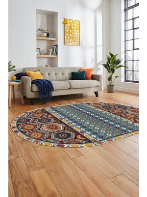Evdeya Dijital Kaymaz Yıkanabilir Şık Etnik Desenli Oval Yolluk Mutfak Salon Halısı, O-Etnik-13-Renkli,