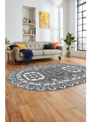 Evdeya Dijital Kaymaz Yıkanabilir Şık Etnik Desen Oval Yolluk Mutfak Salon Halısı, O-Etnik-14-Gri,