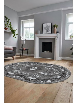 Evdeya Şık Etnik Desenli Dijital Kaymaz Yıkanabilir Oval Yolluk Mutfak Salon Halısı, O-Etnik-10-Gri,