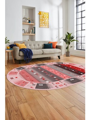 Evdeya Dijital Kaymaz Yıkanabilir Motifli Etnik Desen Oval Yolluk Mutfak Salon Halısı, O-Etnik-15-Pembe,