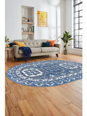 Evdeya Dijital Kaymaz Yıkanabilir Şık Etnik Desen Oval Yolluk Mutfak Salon Halısı, O-Etnik-14-Mavi,