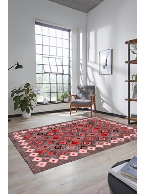 Evdeya Sade Tasarım Etnik Desen Kaymaz Yıkanabilir Yolluk Mutfak Salon Koridor Halısı, Etnik-19-Kırmızı