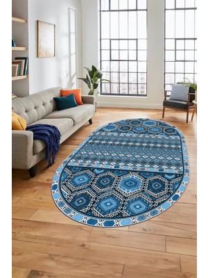 Evdeya Dijital Kaymaz Yıkanabilir Şık Etnik Desenli Oval Yolluk Mutfak Salon Halısı, O-Etnik-13-Mavi,