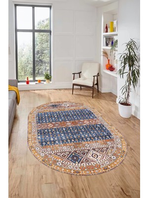 Evdeya Yeni Tasarım Etnik Desenli Yıkanabilir Oval Yolluk Mutfak Salon Koridor Halısı, O-Etnik-17-Renkli,