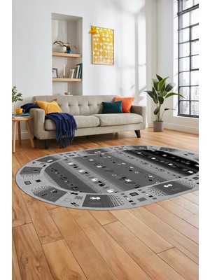 Evdeya Dijital Kaymaz Yıkanabilir Motifli Etnik Desen Oval Yolluk Mutfak Salon Halısı, O-Etnik-15-Antrasit,