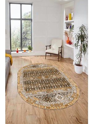 Evdeya Yeni Tasarım Etnik Desenli Yıkanabilir Oval Yolluk Mutfak Salon Koridor Halısı, O-Etnik-17-Kahve,