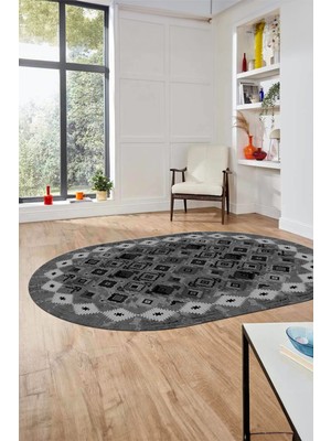 Evdeya Sade Etnik Desen Kaymaz Yıkanabilir Oval Yolluk Mutfak Salon Koridor Halısı, O-Etnik-19-Gri,