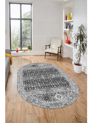 Evdeya Yeni Tasarım Etnik Desenli Yıkanabilir Oval Yolluk Mutfak Salon Koridor Halısı, O-Etnik-17-Gri,