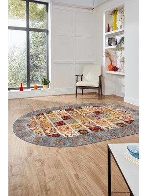 Evdeya Yeni Etnik Desen Kaymaz Yıkanabilir Oval Yolluk Mutfak Salon Koridor Halısı, O-Etnik-18-Renkli,