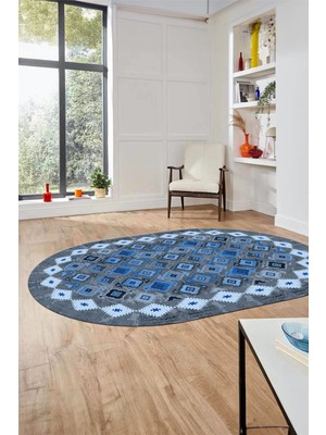 Evdeya Sade Etnik Desen Kaymaz Yıkanabilir Oval Yolluk Mutfak Salon Koridor Halısı, O-Etnik-19-Mavi,