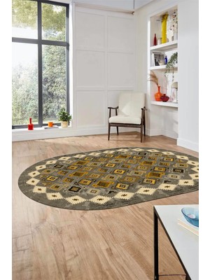 Evdeya Sade  Etnik Desen Kaymaz Yıkanabilir Oval Yolluk Mutfak Salon Koridor Halısı, O-Etnik-19-Sarı,