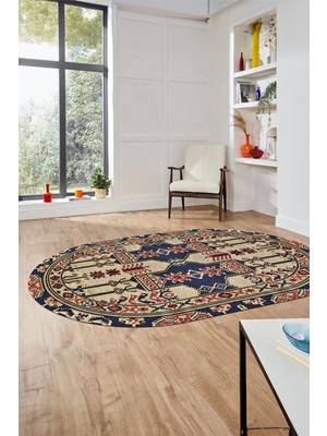 Evdeya Şık  Etnik Desen Kaymaz Yıkanabilir Oval Yolluk Mutfak Salon Koridor Halısı, O-Etnik-20-Lacivert,