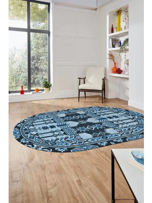 Evdeya Şık  Etnik Desen Kaymaz Yıkanabilir Oval Yolluk Mutfak Salon Koridor Halısı, O-Etnik-20-Mavi,