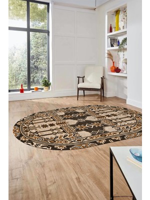Evdeya Şık  Etnik Desen Kaymaz Yıkanabilir Oval Yolluk Mutfak Salon Koridor Halısı, O-Etnik-20-Kahve,