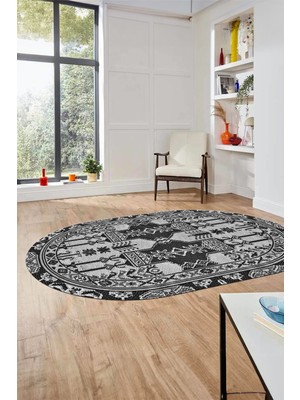 Evdeya Şık  Etnik Desen Kaymaz Yıkanabilir Oval Yolluk Mutfak Salon Koridor Halısı, O-Etnik-20-Gri,