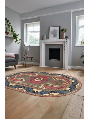 Evdeya Şık Etnik Desenli Dijital Kaymaz Yıkanabilir Oval Yolluk Mutfak Salon Halısı, O-Etnik-10-Renkli,