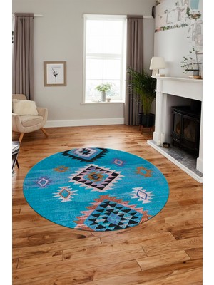 Evdeya Dijital Kaymaz Yıkanabilir Etnik Desenli Yuvarlak Mutfak Salon Halısı, Y-Etnik-01-Mavi,