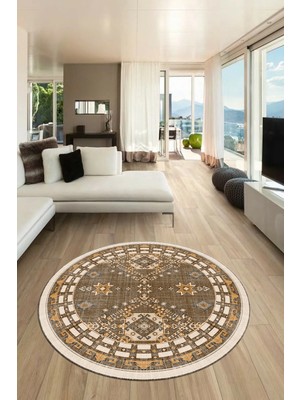 Evdeya Dijital Kaymaz Yıkanabilir Etnik Desen Yuvarlak Mutfak Salon Halısı, Y-Etnik-03-Kahve,