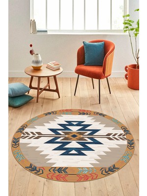 Evdeya Etnik Desenli Dijital Kaymaz Yıkanabilir Yuvarlak Mutfak Salon Halısı, Y-Etnik-05-Renkli,