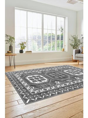 Evdeya Dijital Kaymaz Yıkanabilir Şık Tasarım Etnik Desenli Yolluk Mutfak Salon Halısı, Etnik-14-Gri