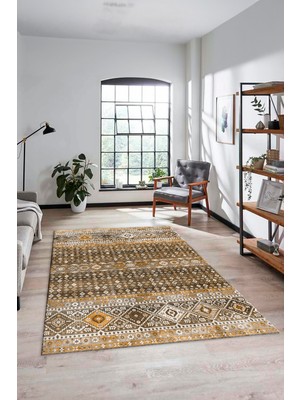 Evdeya Yeni Tasarım Etnik Desenli Yıkanabilir Yolluk Mutfak Salon Koridor Halısı, Etnik-17-Kahve