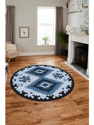 Evdeya Dijital Kaymaz Yıkanabilir Etnik Desenli Yuvarlak Mutfak Salon Halısı, Y-Etnik-02-Mavi,