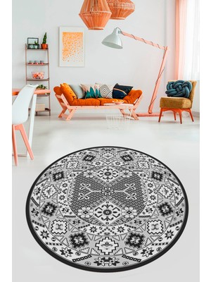 Evdeya Şık Tasarım Etnik Desenli Dijital Kaymaz Yıkanabilir Yuvarlak Salon Halısı, Y-Etnik-08-Gri,