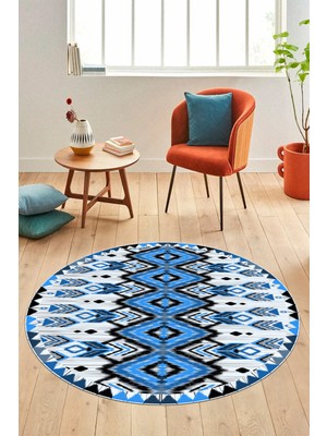 Evdeya Renkli Etnik Desenli Dijital Kaymaz Yıkanabilir Yuvarlak Mutfak Salon Halısı, Y-Etnik-06-Mavi,