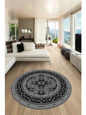 Evdeya Dijital Kaymaz Yıkanabilir Şık Etnik Desen Yuvarlak Mutfak Salon Halısı, Y-Etnik-04-Gri,