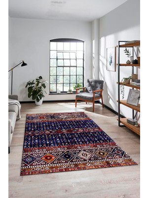 Evdeya Yeni Tasarım Etnik Desenli Yıkanabilir Yolluk Mutfak Salon Koridor Halısı, Etnik-17-Lacivert
