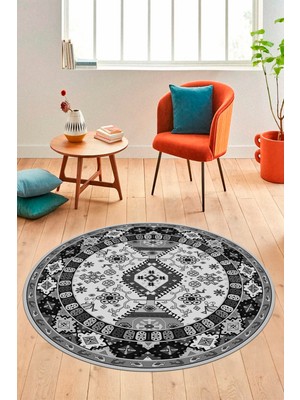 Evdeya Etnik Klasik Desenli Dijital Kaymaz Yıkanabilir Yuvarlak Salon Halısı, Y-Etnik-07-Gri,