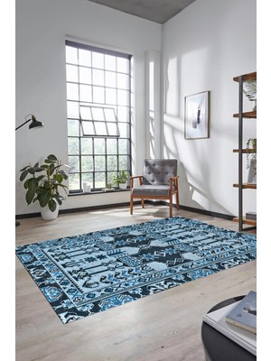Evdeya Şık Tasarım Etnik Desen Kaymaz Yıkanabilir Yolluk Mutfak Salon Koridor Halısı, Etnik-20-Mavi
