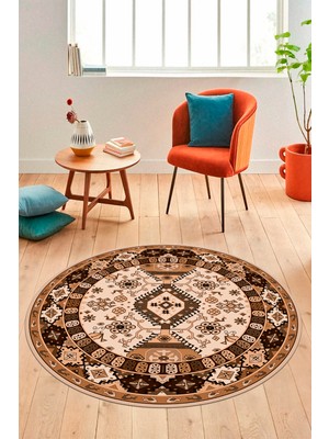 Evdeya Etnik Klasik Desenli Dijital Kaymaz Yıkanabilir Yuvarlak Salon Halısı, Y-Etnik-07-Kahve,