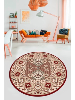Evdeya Şık Tasarım Etnik Desenli Dijital Kaymaz Yıkanabilir Yuvarlak Salon Halısı, Y-Etnik-08-Bordo,