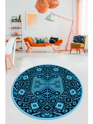 Evdeya Şık Tasarım Etnik Desenli Dijital Kaymaz Yıkanabilir Yuvarlak Salon Halısı, Y-Etnik-08-Mavi,
