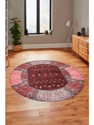 Evdeya Dijital Kaymaz Yıkanabilir Yeni Etnik Desenli Yuvarlak Mutfak Salon Halısı, Y-Etnik-16-Bordo,