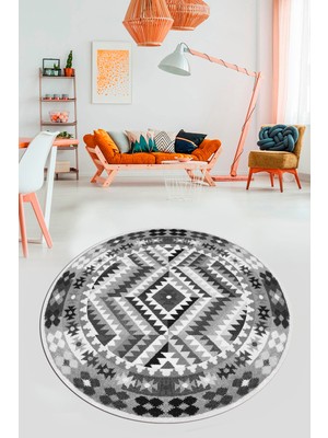 Evdeya Modern Tasarım Etnik Desenli Dijital Kaymaz Yıkanabilir Yuvarlak Salon Halısı, Y-Etnik-09-Gri,