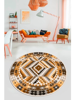 Evdeya Modern Tasarım Etnik Desenli Dijital Kaymaz Yıkanabilir Yuvarlak Salon Halısı, Y-Etnik-09-Kahve,