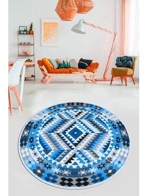 Evdeya Modern Tasarım Etnik Desenli Dijital Kaymaz Yıkanabilir Yuvarlak Salon Halısı, Y-Etnik-09-Mavi,