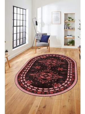Evdeya Dijital Kaymaz Yıkanabilir Etnik Desen Oval Yolluk Mutfak Salon Halısı, O-Etnik-03-Pembe,