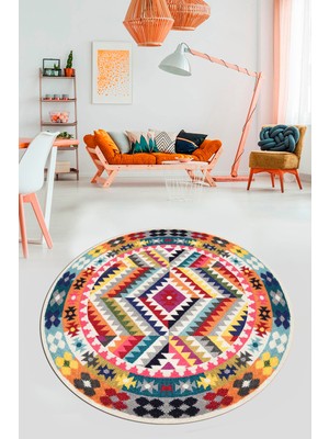 Evdeya Modern Tasarım Etnik Desenli Dijital Kaymaz Yıkanabilir Yuvarlak Salon Halısı, Y-Etnik-09-Renkli,