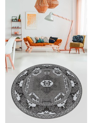 Evdeya Şık Etnik Desenli Dijital Kaymaz Yıkanabilir Yuvarlak Mutfak Salon Halısı, Y-Etnik-10-Gri,