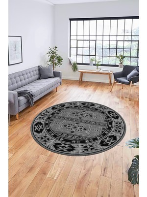 Evdeya Dijital Kaymaz Yıkanabilir Etnik Desen Yuvarlak Mutfak Salon Halısı, Y-Etnik-11-Antrasit,