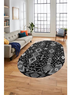 Evdeya Dijital Baskılı Kaymaz Yıkanabilir Etnik Desen Oval Yolluk Mutfak Salon Halısı, O-Etnik-12-Antrasit,