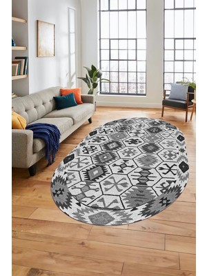 Evdeya Dijital Baskılı Kaymaz Yıkanabilir Etnik Desen Oval Yolluk Mutfak Salon Halısı, O-Etnik-12-Gri,