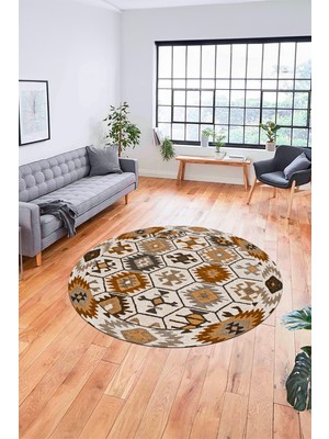 Evdeya Dijital Kaymaz Yıkanabilir Etnik Desenli Yuvarlak Mutfak Salon Halısı, Y-Etnik-12-Kahve,